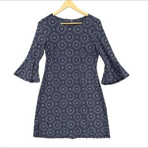 Tommy Hilfiger Dress Women Geometric Print Bell Sleeve Navy White Sz 10 Everyday